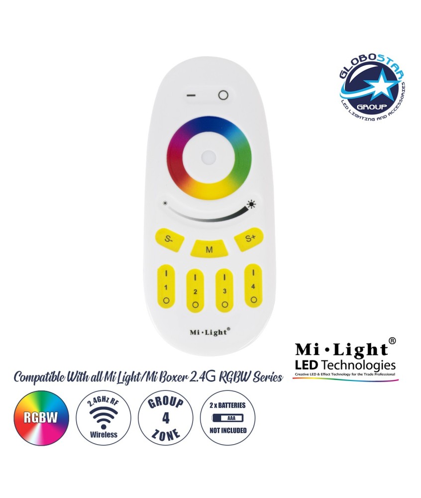 GloboStar® 71409 FUT096 Mi-Light Ασύρματο Χειριστήριο Αφής RF 2.4Ghz 4 Group για όλα τα RGBW Mi-BOXER Controller DC 3V 2 x AAA - IP20 Λευκό Μ12 x Π5.4 x Υ2cm - 5 Years Warranty